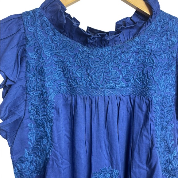 J. Marie Woven Embroidered Cap Sleeve Ruffled Trim Blue Top NWOT XS - Picture 7 of 8